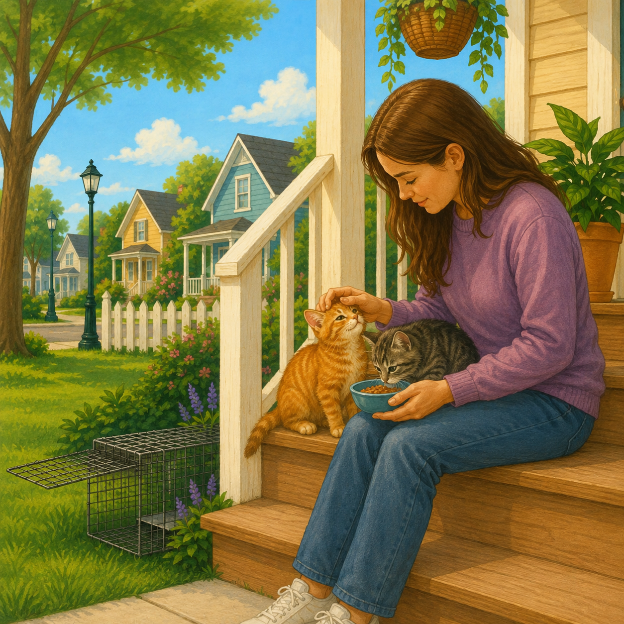 A woman sitting on wooden porch steps feeding two kittens, one orange and one gray tabby, with a humane live trap nearby in a friendly neighborhood yard