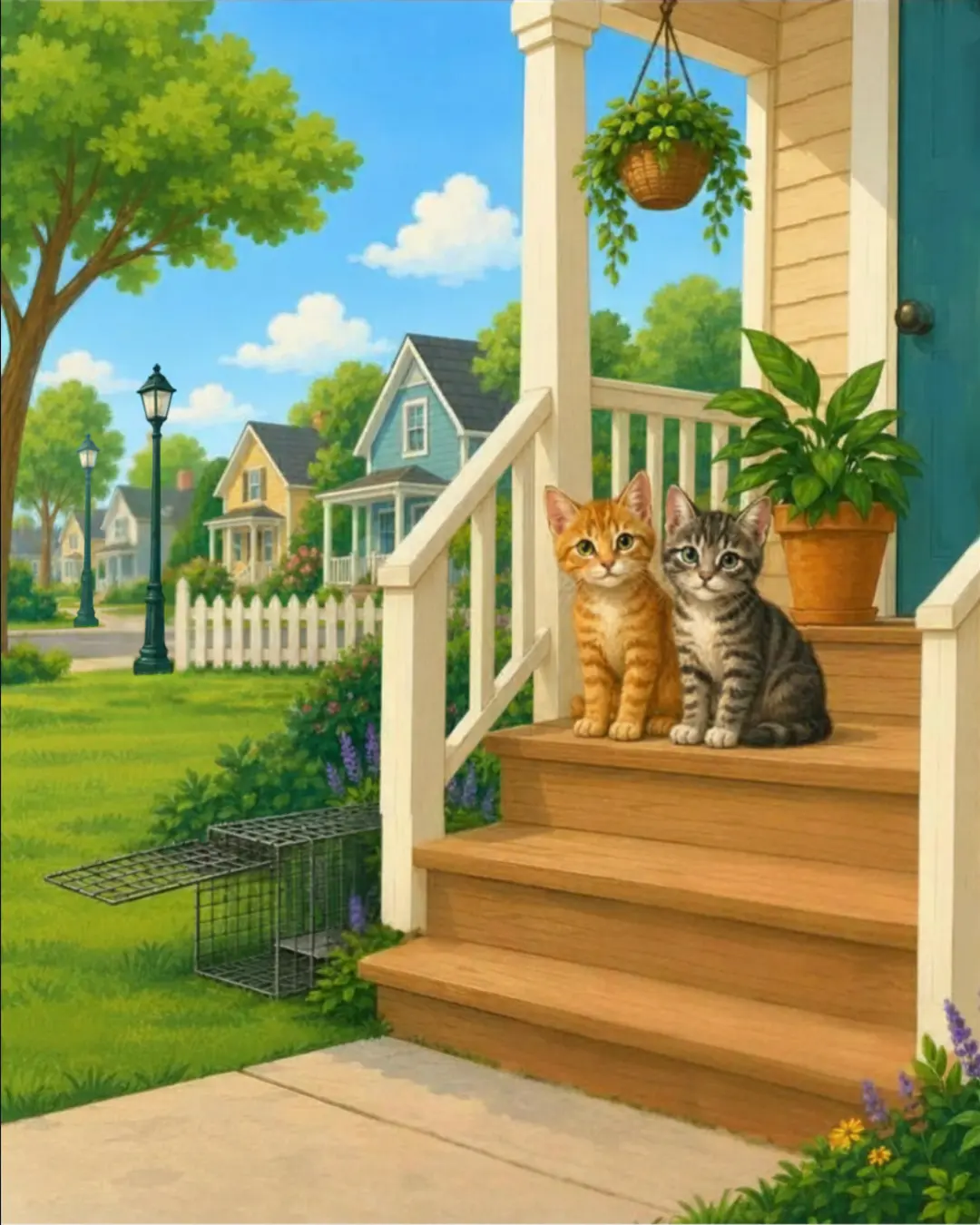 An orange kitten and a gray tabby kitten sitting together on a wooden porch step, with a metal humane live trap in the front yard and friendly neighborhood houses in the background