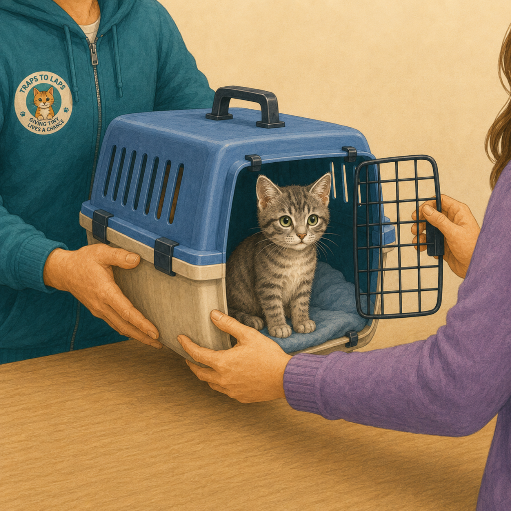 Illustration of a gray tabby kitten sitting calmly in an open teal pet carrier