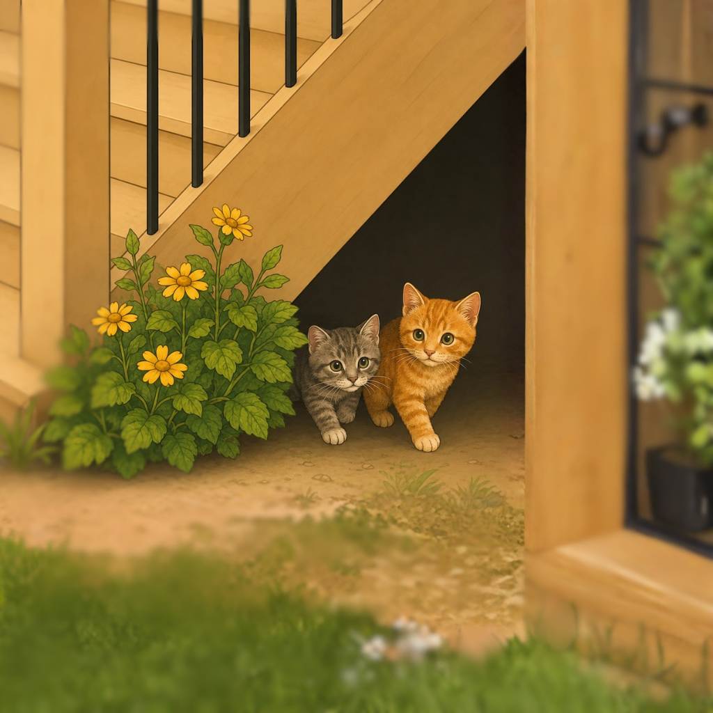 Illustration of an orange tabby kitten and a gray tabby kitten peeking out from under a porch step