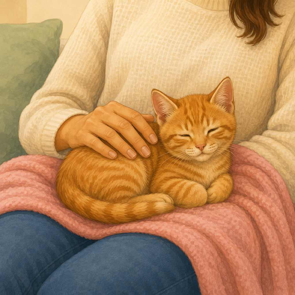Illustration of an orange tabby kitten asleep in a teal kitten bed at home