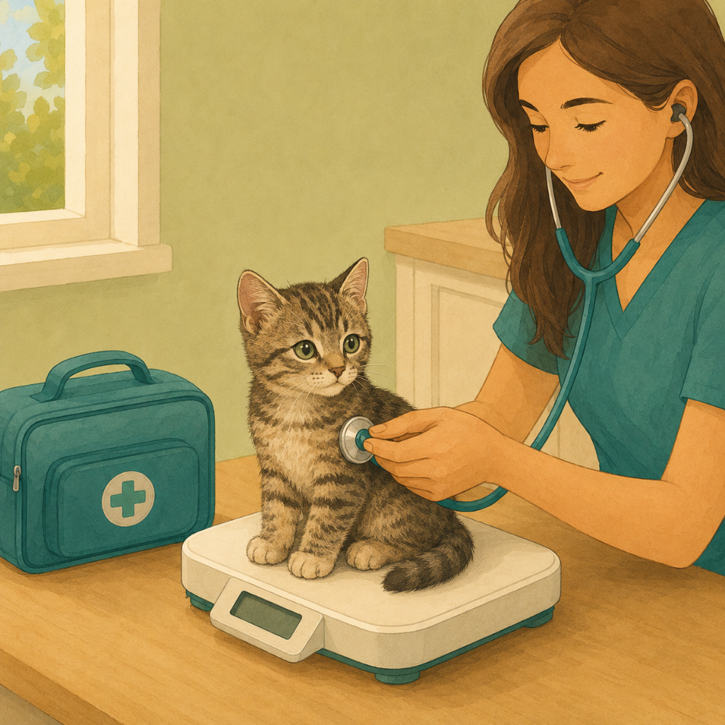 Illustration of a brown tabby kitten on a teal scale being checked with a stethoscope