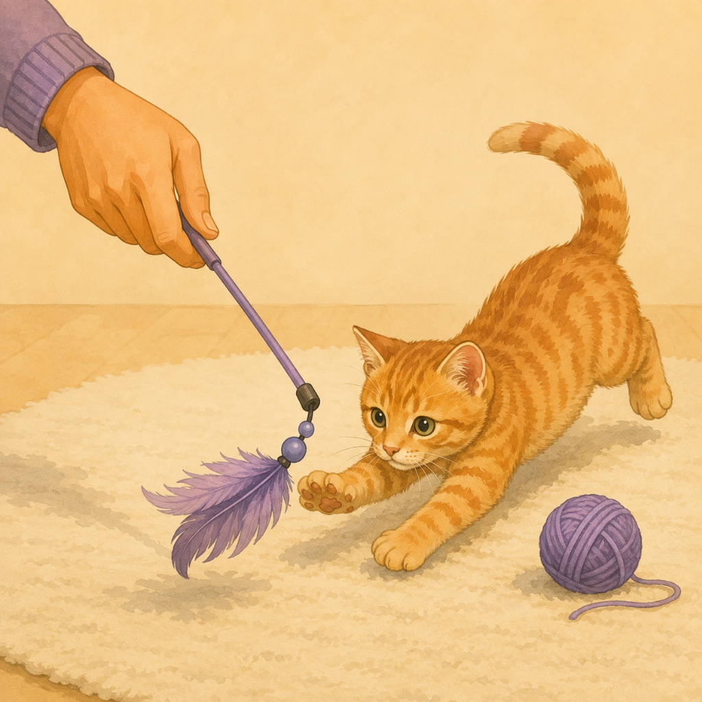 Illustration of an orange tabby kitten crouched to pounce on a lavender ball of yarn