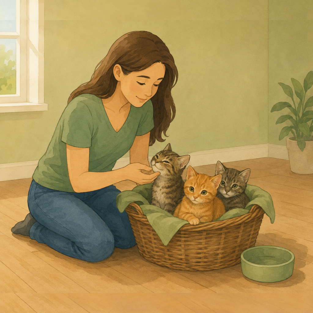 Illustration of a person's hands gently settling a tuxedo kitten into a blanket-lined basket