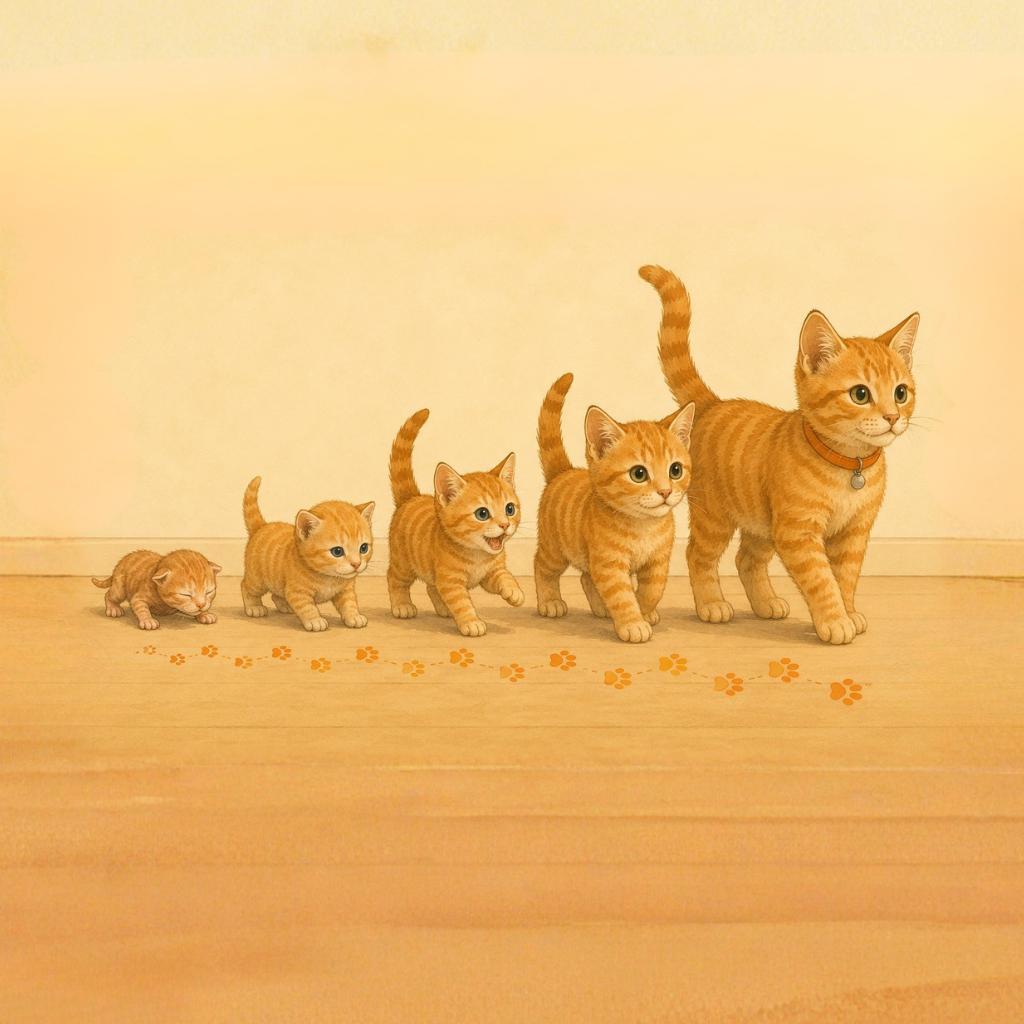 Illustration of a calico kitten resting beside a clipboard, vaccine vial, and syringe